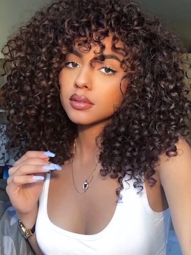 LIZZY Kurze lockige Afro-Perücken mit Pony für schwarze Frauen, afrikanisches Kunsthaar, klebefrei, hitzebeständig, voluminös, lockig (Braun) von Lizzyhair