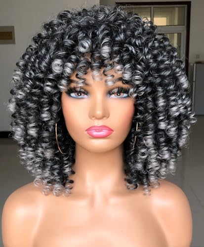 LIZZY Kurze lockige Afro-Perücken mit Pony für schwarze Frauen, afrikanisches Kunsthaar, klebefrei, hitzebeständig, voluminös, lockig (Ombre Grau) von Lizzyhair