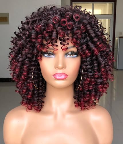 LIZZY Kurze lockige Afro-Perücken mit Pony für schwarze Frauen, afrikanisches Kunsthaar, klebefrei, hitzebeständig, voluminös, lockig (Ombre Rot) von Lizzyhair