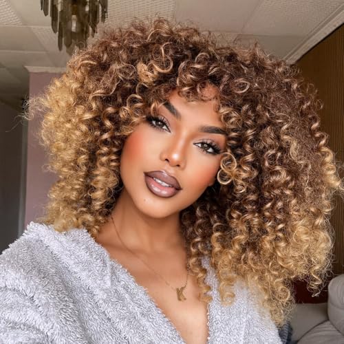 LIZZY Kurze lockige Afro-Perücken mit Pony für schwarze Frauen, afrikanisches Kunsthaar, klebefrei, hitzebeständig, voluminös, lockig (Ombre blond) von Lizzyhair