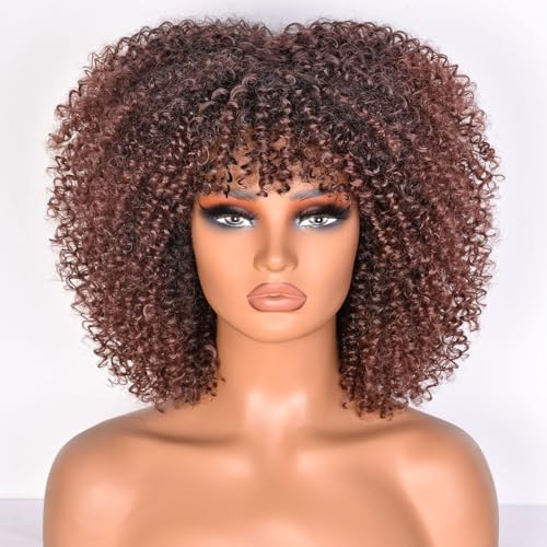 Lizzy 10 Zoll Afro Lockige Perücken für Schwarze Frauen Synthetische Afro Perücke mit Bangs Hitzebeständige kurze Kinky Lockige Perücken für Cosplay und Täglich (Dunkelbraun) von Lizzyhair