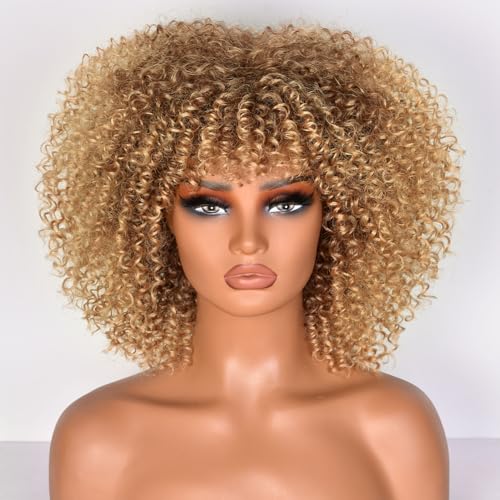 Lizzy 10 Zoll Afro Lockige Perücken für Schwarze Frauen Synthetische Afro Perücke mit Bangs Hitzebeständige kurze Kinky Lockige Perücken für Cosplay und Täglich (Ombre Blonde) von Lizzyhair