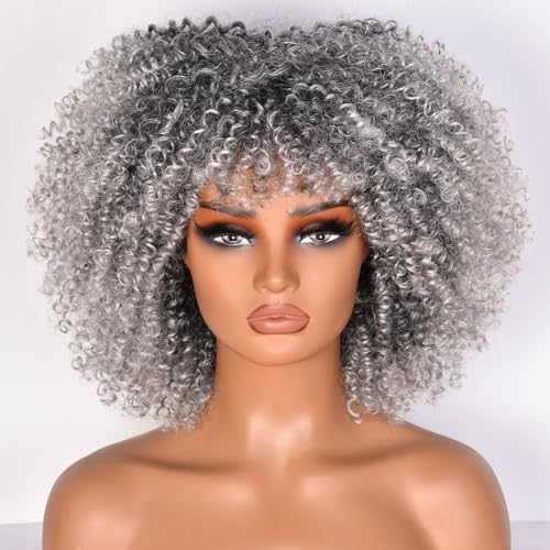 Lizzy 10 Zoll Afro Lockige Perücken für Schwarze Frauen Synthetische Afro Perücke mit Bangs Hitzebeständige kurze Kinky Lockige Perücken für Cosplay und Täglich (Ombre Grau) von Lizzyhair