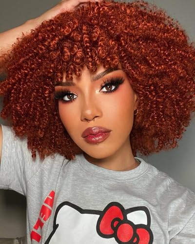 Lizzy 10 Zoll Afro Lockige Perücken für Schwarze Frauen Synthetische Afro Perücke mit Bangs Hitzebeständige kurze Kinky Lockige Perücken für Cosplay und Täglich (Orange) von Lizzyhair