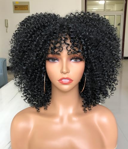 Lizzy 10 Zoll Afro Lockige Perücken für Schwarze Frauen Synthetische Afro Perücke mit Bangs Hitzebeständige kurze Kinky Lockige Perücken für Cosplay und Täglich (Schwarz) von Lizzyhair