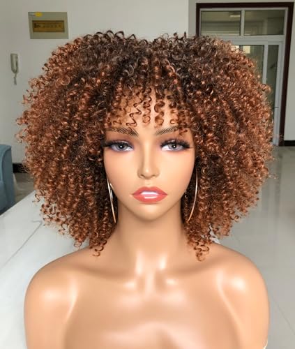 Lizzy 10 Zoll Afro Lockige Perücken für Schwarze Frauen Synthetische Afro Perücke mit Bangs Hitzebeständige kurze Kinky Lockige Perücken für Cosplay und Täglich (Schwarz bis Braun) von Lizzyhair
