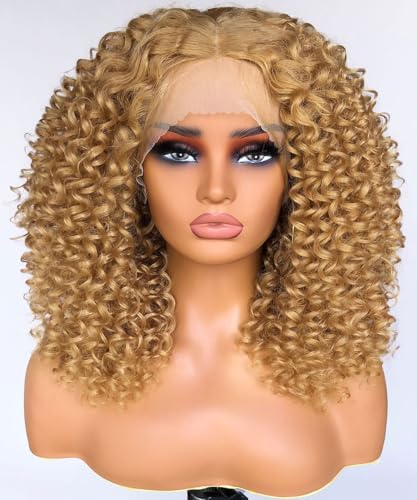 Lizzy 16 Zoll Curly Spitze Vorderseite Perücken für schwarze Frauen synthetische kurze Curly Spitze Vorderseite Perücken mit Babyhair Tiefe Curly Wave13x4 HD Glueless Curly Perücken (Blond) von Lizzyhair