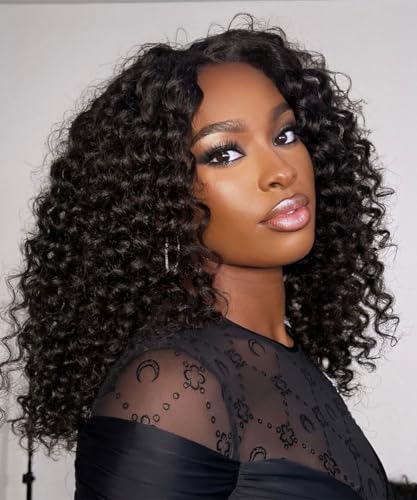Lizzy 16 Zoll Curly Spitze Vorderseite Perücken für schwarze Frauen synthetische kurze Curly Spitze Vorderseite Perücken mit Babyhair Tiefe Curly Wave13x4 HD Glueless Curly Perücken (Schwarz) von Lizzyhair