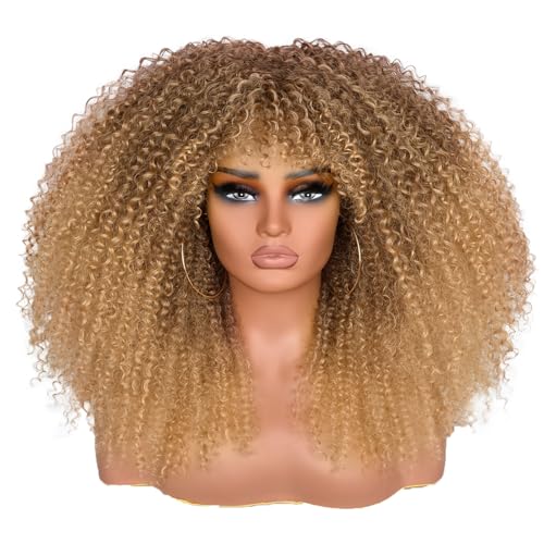 Lizzy Lockige Afro Perücken für Schwarze Frauen 18-Zoll Afro Bombe Lockige Perücke mit Bangs Synthetische Faser Glueless Lange Kinky Lockige Haar Perücken für Tägliche Party (Ombre Blonde) von Lizzyhair