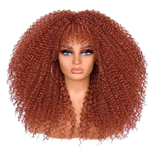 Lizzy Lockige Afro Perücken für Schwarze Frauen 18-Zoll Afro Bombe Lockige Perücke mit Bangs Synthetische Faser Glueless Lange Kinky Lockige Haar Perücken für Tägliche Party (Orange) von Lizzyhair