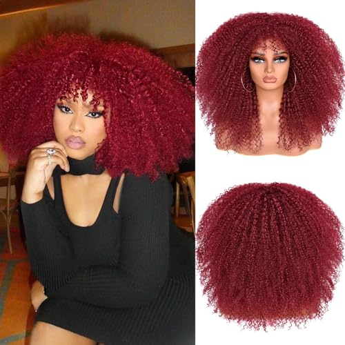 Lizzy Lockige Afro Perücken für Schwarze Frauen 18-Zoll Afro Bombe Lockige Perücke mit Bangs Synthetische Faser Glueless Lange Kinky Lockige Haar Perücken für Tägliche Party (Rot) von Lizzyhair