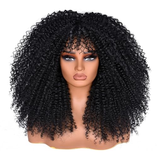 Lizzyhair Synthetische Faser Afro Perücke für Schwarze Frauen, 18-Zoll Lockige Bombe, Glueless, Lange Kinky Lockige Haar, 22,5 inch Kappengröße, Schwarz von Lizzyhair