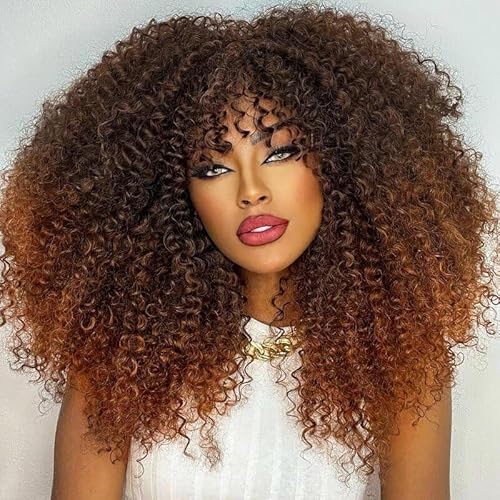 Lizzy Lockige Afro Perücken für Schwarze Frauen 18-Zoll Afro Bombe Lockige Perücke mit Bangs Synthetische Faser Glueless Lange Kinky Lockige Haar Perücken für Tägliche Party (Schwarz bis Braun) von Lizzyhair