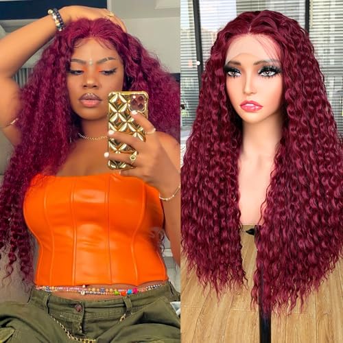 Lizzy Lockige Lace Front Perücken für Schwarze Frauen Kinky Lockige Afro Perücken Vorgezogen mit Babyhaar Lange Lockige Synthetische Klebelose Lace Frontal Perücken 26inch (Rot) von Lizzyhair