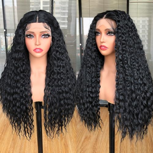 Lizzy Lockige Lace Front Perücken für Schwarze Frauen Kinky Lockige Afro Perücken Vorgezogen mit Babyhaar Lange Lockige Synthetische Klebelose Lace Frontal Perücken 26inch (schwarz) von Lizzyhair