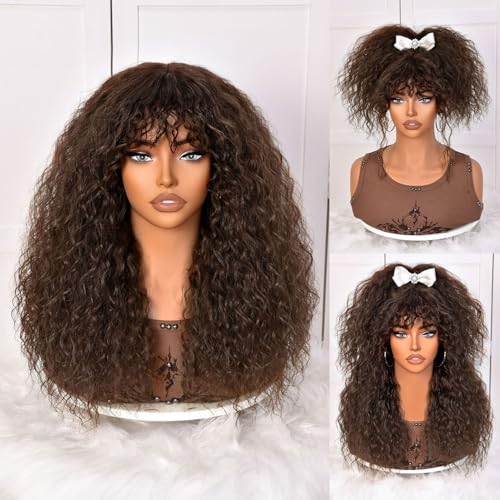Lizzy Lockige Perücke mit Pony für schwarze Frauen, lang, lockig, Echthaar-Mischung, Premium-Faser, klebefrei, für den täglichen Gebrauch, 45,7 cm, Dunkelbraun Lizzy Lockige Perücke mit Pony für schwarze Frauen, lang, lockig, Echthaar-Mischung, Premium-Faser, klebefrei, für den täglichen Gebrauch, 45,7 cm, Dunkelbraun von Lizzyhair