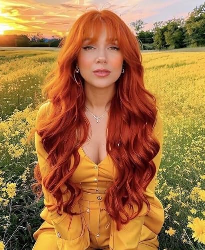 Lizzy Schwarz Wellige Perücke mit Bangs Lange Wellige Perücken für Frauen Lockige Synthetische Natürliche Schwarz Lockige Haar Perücke für Mädchen Tägliche Party Gebrauch 26 Zoll (Ingwer) von Lizzyhair
