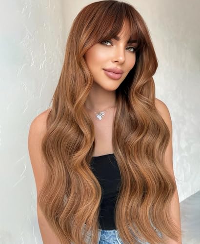 Lizzy Schwarz Wellige Perücke mit Bangs Lange Wellige Perücken für Frauen Lockige Synthetische Natürliche Schwarz Lockige Haar Perücke für Mädchen Tägliche Party Gebrauch 26 Zoll (Rot Braun) von Lizzyhair