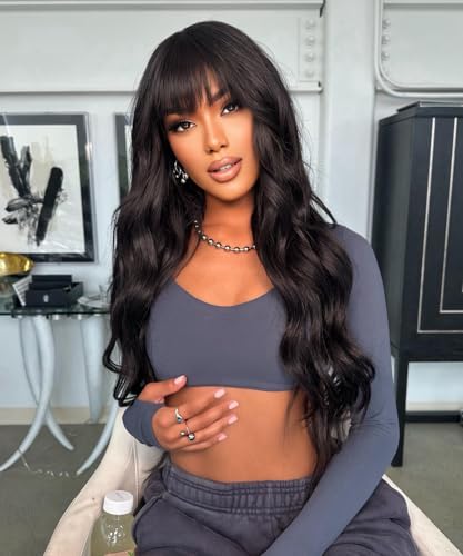 Lizzy Schwarz Wellige Perücke mit Bangs Lange Wellige Perücken für Frauen Lockige Synthetische Natürliche Schwarz Lockige Haar Perücke für Mädchen Tägliche Party Gebrauch 26 Zoll (Schwarz) von Lizzyhair