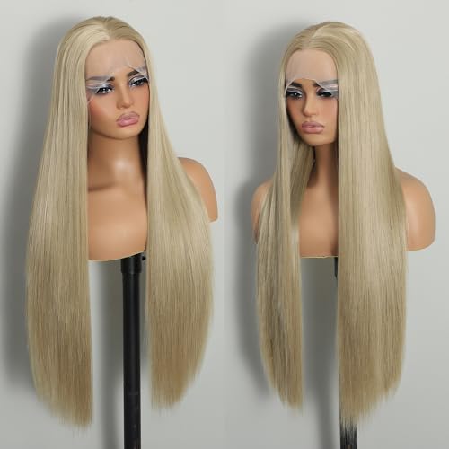 Lizzy Synthetische Spitze Front Perücke Vorgezupft Lange Gerade Klebelose 1b Jet Black Perücken Für Frauen Hitzebeständige Faser Haar Perücke Ready to Wear Perücken Anfängerfreundlich (blonde) von Lizzyhair