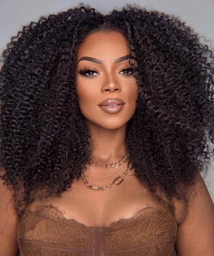 Schwarze Lockige Lace Front Perücken Für Schwarze Frauen Vorgezupft Mit Babyhaar Lockige Lace Front Perücken 13×4×1 HD Klebelose Perücke Kinky Lockige Afro Synthetische Perücke (Dunkelbraun) von Lizzyhair