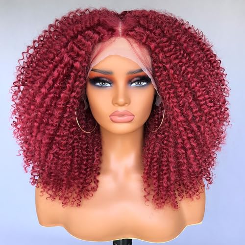 Schwarze Lockige Lace Front Perücken Für Schwarze Frauen Vorgezupft Mit Babyhaar Lockige Lace Front Perücken 13×4×1 HD Klebelose Perücke Kinky Lockige Afro Synthetische Perücke (Rot) von Lizzyhair