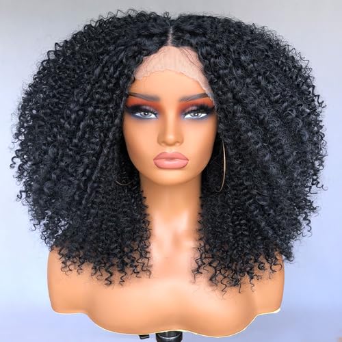 Schwarze Lockige Lace Front Perücken Für Schwarze Frauen Vorgezupft Mit Babyhaar Lockige Lace Front Perücken 13×4×1 HD Klebelose Perücke Kinky Lockige Afro Synthetische Perücke (Schwarz) von Lizzyhair