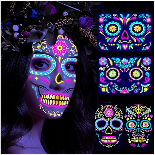 4 Blätter Halloween Tattoo Aufkleber Gesicht Leuchtend Dia De Los Muertos Gesichtstattoo Kostüm Herren Damen Schminke Accessoires Glow in the dark Tag Der Toten Skelett Temporäre Face Tattoos 4 Blätter Halloween Tattoo Aufkleber Gesicht Leuchtend Dia De Los Muertos Gesichtstattoo Kostüm Herren Damen Schminke Accessoires Glow in the dark Tag Der Toten Skelett Temporäre Face Tattoos von Ljevandria
