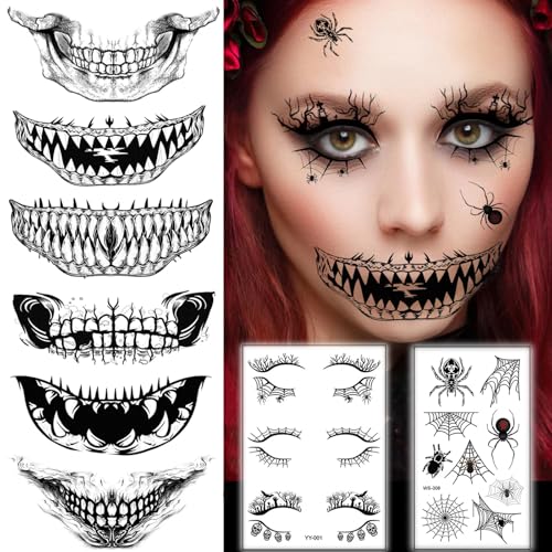 Halloween Tattoo Gesicht,Halloween Kostüm Damen Schminke Accessoires Erwachsene, Halloween Tattoos Make Up Zombie Skelett Vampir Zähne Narben Gesichtstattoo Aufkleber (Totenkopf Mund) von Ljevandria