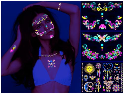 Temporäre Tattoos 4 Blätter, Gesichtstattoo Fake Tattoos Erwachsene Kinder Festival Accessoires Zubehör,Leucht Tattoo Unter Neon UV Schwarzlicht,Fluoreszierende Klebetattoos,Lustige Party Gadgets Temporäre Tattoos 4 Blätter, Gesichtstattoo Fake Tattoos Erwachsene Kinder Festival Accessoires Zubehör,Leucht Tattoo Unter Neon UV Schwarzlicht,Fluoreszierende Klebetattoos,Lustige Party Gadgets von Ljevandria