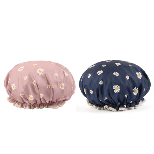 Lkw Ogechi 2 Stück Doppellagig Wasserdichte Duschhaube, Duschhaube Wiederverwendbar für Damen, mit Einzigartigem Blumenmuster, Elastische Wasserdichte Duschhaube, mit Weichem Rüschenrand von Lkw Ogechi