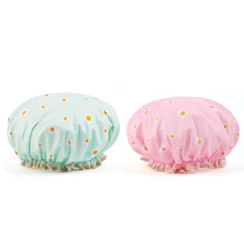 Lkw Ogechi 2 Stück Doppellagig Wasserdichte Duschhaube, Duschhaube Wiederverwendbar für Damen, mit Einzigartigem Blumenmuster, Elastische Wasserdichte Duschhaube, mit Weichem Rüschenrand von Lkw Ogechi