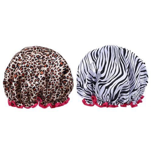 Lkw Ogechi 2 Stück Wasserdichte Elastische Duschhaube, Stilvolle Leoparden und Zebra Muster, Duschhaube Damen Satin, Wiederverwendbare Duschhaube Doppellagig, für Langes, Kurzes und Lockiges Haar von Lkw Ogechi