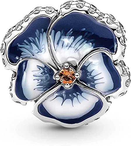 Lkwidi Charme Blaue Stiefmütterchen Blume Charms-Anhänger 925 Sterling Silber Charm Bead Pendant für Europäische Armbänder und Halsketten von Lkwidi