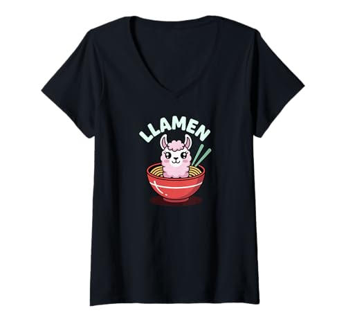 Damen Cute Llama Stuff Alpaca Peru Animal Drama Noodle T-Shirt mit V-Ausschnitt Damen Cute Llama Stuff Alpaca Peru Animal Drama Noodle T-Shirt mit V-Ausschnitt von Llama Alpaca DearPrint