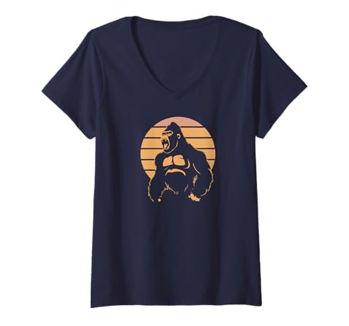 Damen Gorilla Face Monkey Angry Red Headphone Silverback Gorilla T-Shirt mit V-Ausschnitt Damen Gorilla Face Monkey Angry Red Headphone Silverback Gorilla T-Shirt mit V-Ausschnitt von Wild Vibes