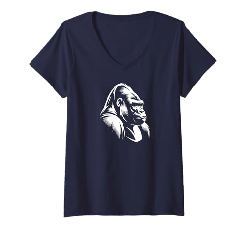 Damen Gorilla Face Monkey Angry Red Headphone Silverback Gorilla T-Shirt mit V-Ausschnitt Damen Gorilla Face Monkey Angry Red Headphone Silverback Gorilla T-Shirt mit V-Ausschnitt von Wild Vibes
