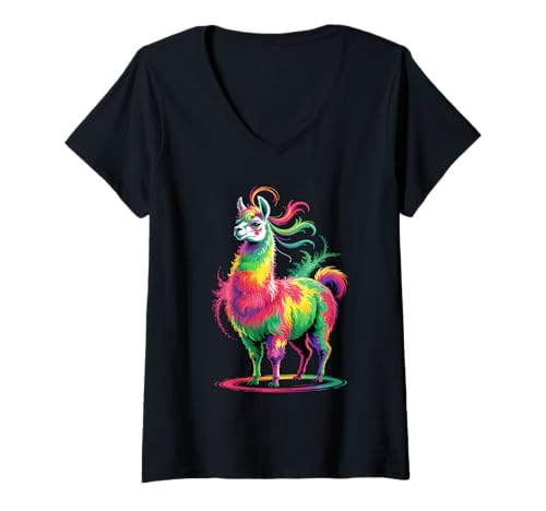 Damen Lama Alpaka Bunt Aquarell Niedlich Lama Liebhaber Bauernhof T-Shirt mit V-Ausschnitt Damen Lama Alpaka Bunt Aquarell Niedlich Lama Liebhaber Bauernhof T-Shirt mit V-Ausschnitt von Llama Colorful Animal Apparel For Women Men Kids