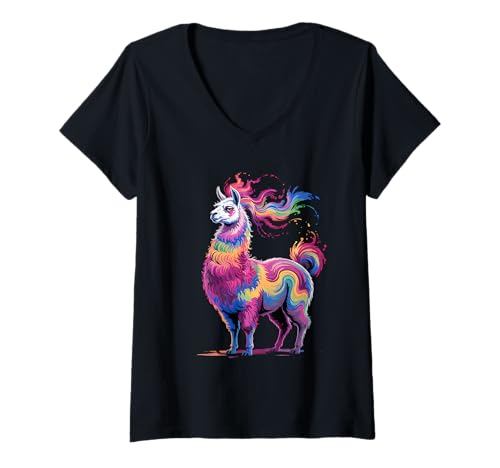 Damen Lama Herren Damen Bunt Aquarell Lama Alpaka Bauernhof T-Shirt mit V-Ausschnitt von Llama Colorful Animal Apparel For Women Men Kids