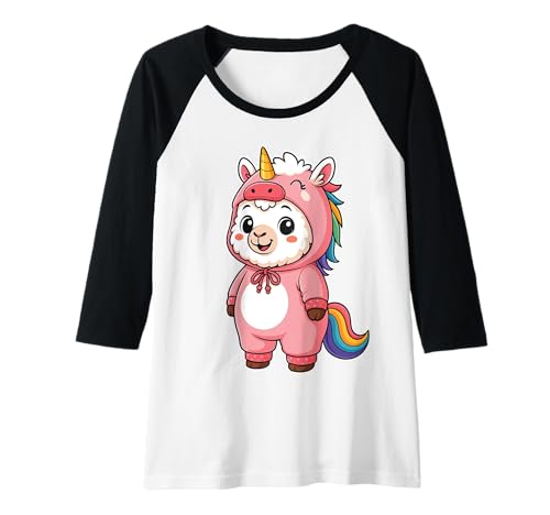 Damen Kawaii Lama im Einhorn Kostüm für Mädchen Kinder Einhorn Liebhaber Raglan von Llama In Unicorn Costume Kawaii Design