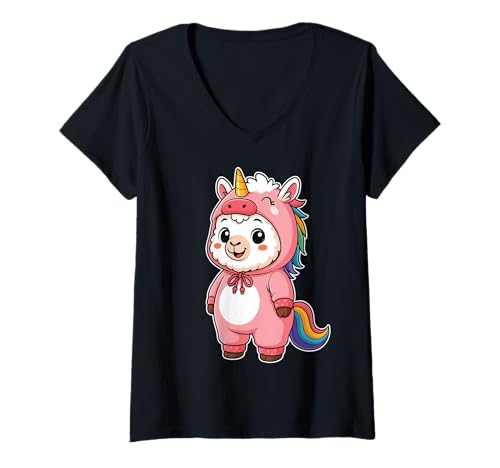 Damen Kawaii Lama im Einhorn Kostüm für Mädchen Kinder Einhorn Liebhaber T-Shirt mit V-Ausschnitt von Llama In Unicorn Costume Kawaii Design