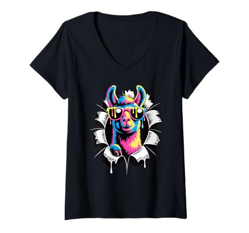 Damen Gerissener Papiereffekt Lama Sonnenbrille Lamas T-Shirt mit V-Ausschnitt Damen Gerissener Papiereffekt Lama Sonnenbrille Lamas T-Shirt mit V-Ausschnitt von Llama Lover Gifts