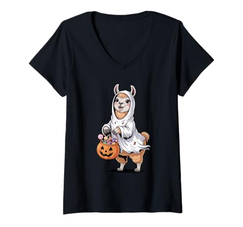 Damen Halloween Lama Geist Kürbis Süßes Oder Saures Süßigkeiten T-Shirt mit V-Ausschnitt Damen Halloween Lama Geist Kürbis Süßes Oder Saures Süßigkeiten T-Shirt mit V-Ausschnitt von Llama Lover Gifts