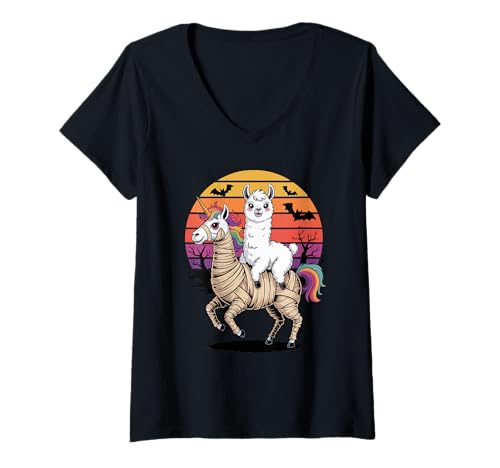 Damen Halloween Mumie Einhorn Lama Lamas T-Shirt mit V-Ausschnitt Damen Halloween Mumie Einhorn Lama Lamas T-Shirt mit V-Ausschnitt von Llama Lover Gifts