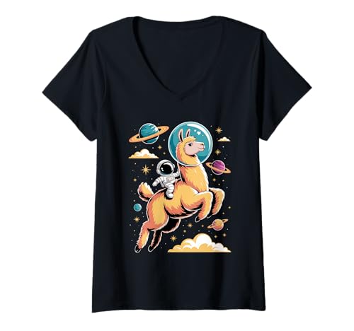 Damen Lama Astronaut Lamas Planeten Sonnensystem T-Shirt mit V-Ausschnitt Damen Lama Astronaut Lamas Planeten Sonnensystem T-Shirt mit V-Ausschnitt von Llama Lover Gifts