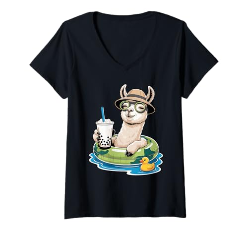 Damen Lama Boba Perlen Milchtee Lamas T-Shirt mit V-Ausschnitt Damen Lama Boba Perlen Milchtee Lamas T-Shirt mit V-Ausschnitt von Llama Lover Gifts