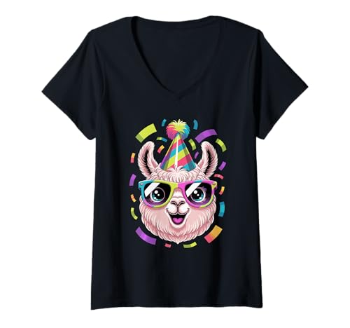 Damen Lama Geburtstag Partyhut Sonnenbrille Lamas T-Shirt mit V-Ausschnitt Damen Lama Geburtstag Partyhut Sonnenbrille Lamas T-Shirt mit V-Ausschnitt von Llama Lover Gifts