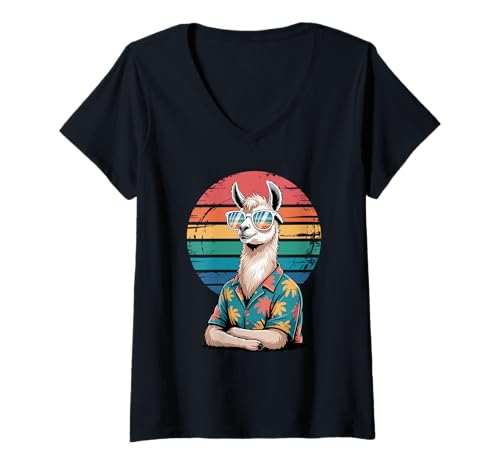 Damen Lama Sonnenbrille Hawaii Strand Sommer Urlaub T-Shirt mit V-Ausschnitt Damen Lama Sonnenbrille Hawaii Strand Sommer Urlaub T-Shirt mit V-Ausschnitt von Llama Lover Gifts