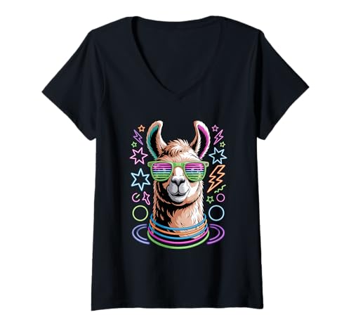Damen Party Lama Sonnenbrille Lamas T-Shirt mit V-Ausschnitt Damen Party Lama Sonnenbrille Lamas T-Shirt mit V-Ausschnitt von Llama Lover Gifts