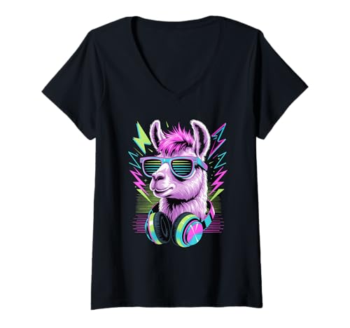 Damen Punk Ära Stil Lama Sonnenbrille Lamas T-Shirt mit V-Ausschnitt Damen Punk Ära Stil Lama Sonnenbrille Lamas T-Shirt mit V-Ausschnitt von Llama Lover Gifts